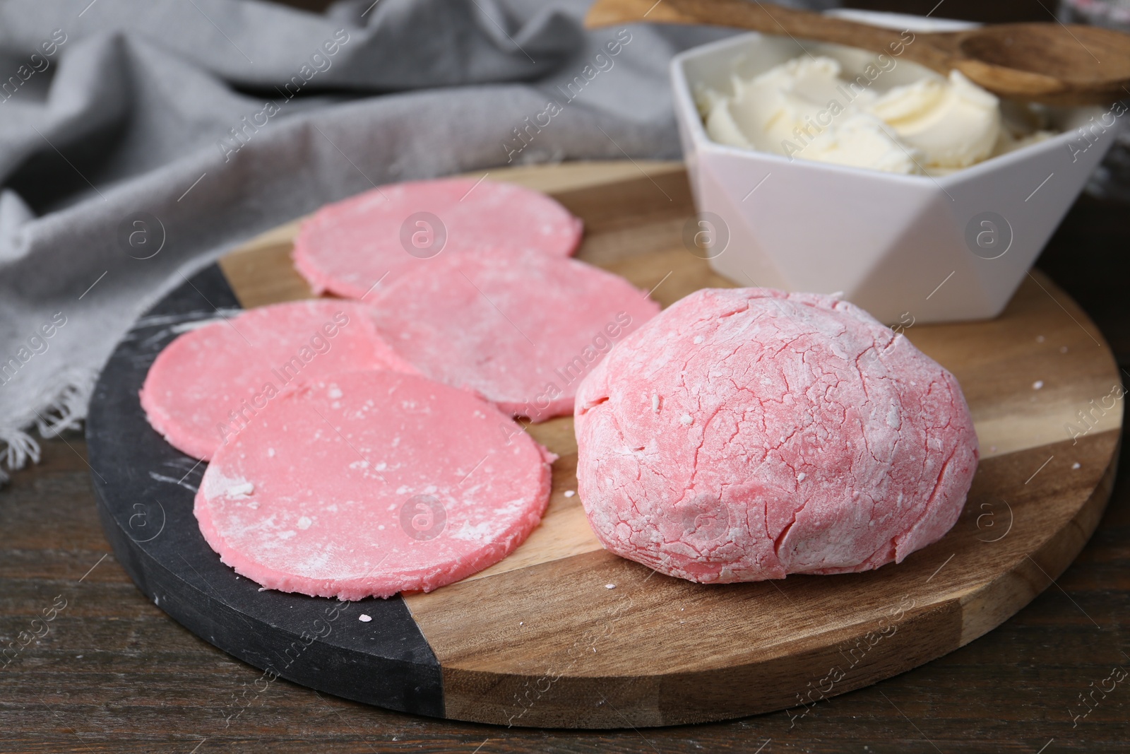 Photo of Dough for tasty homemade mochi on wooden table, closeup