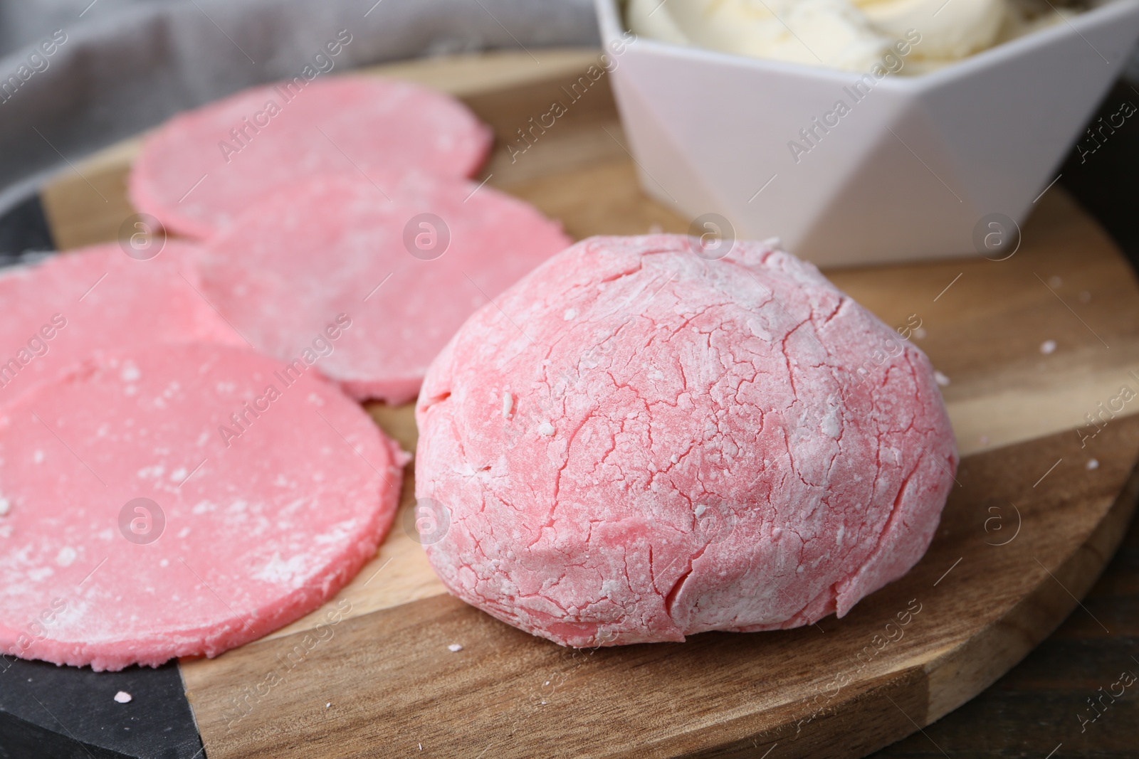 Photo of Dough for tasty homemade mochi on wooden table, closeup