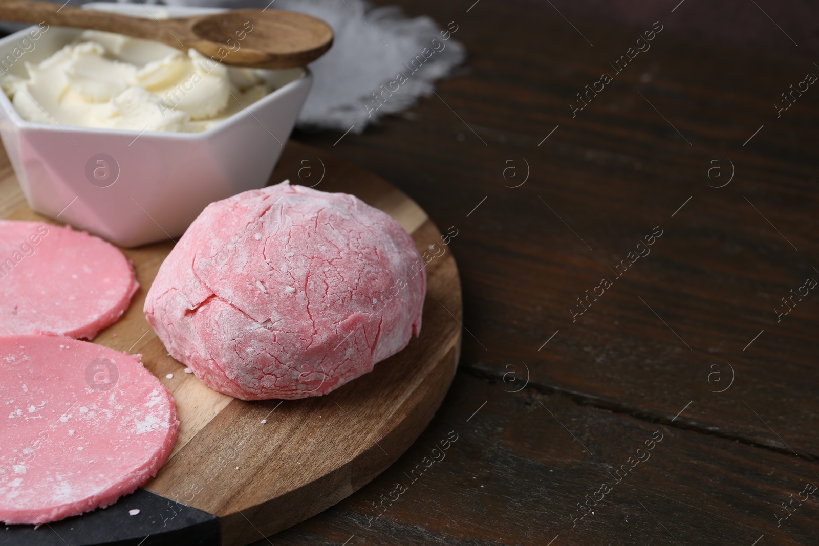 Photo of Dough for tasty homemade mochi on wooden table, closeup