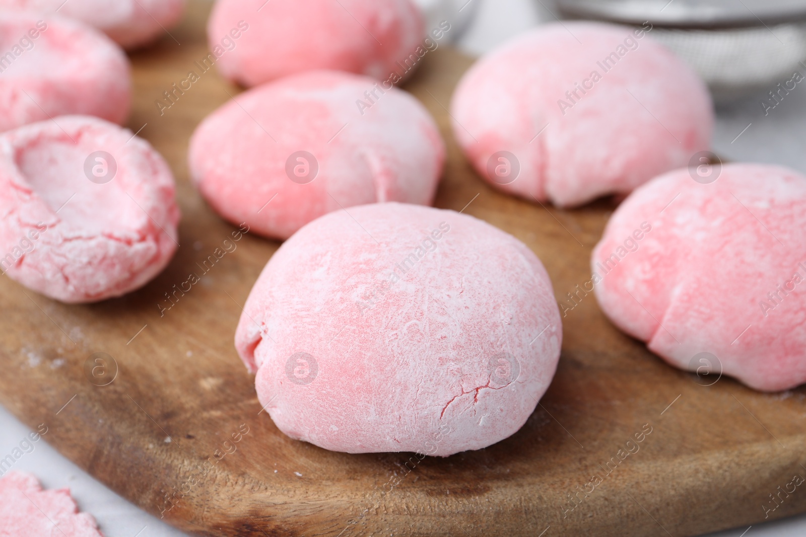 Photo of Tasty homemade mochi on white table, closeup