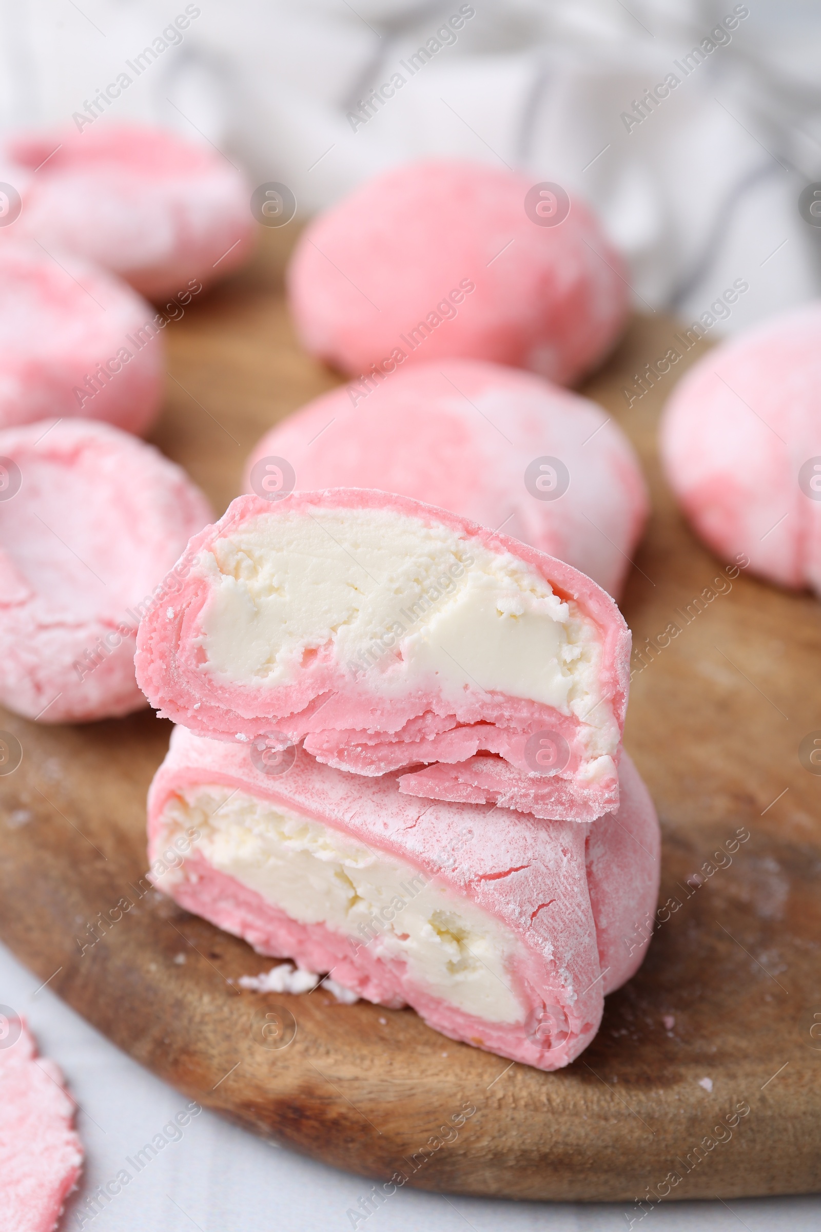 Photo of Tasty homemade mochi on white table, closeup