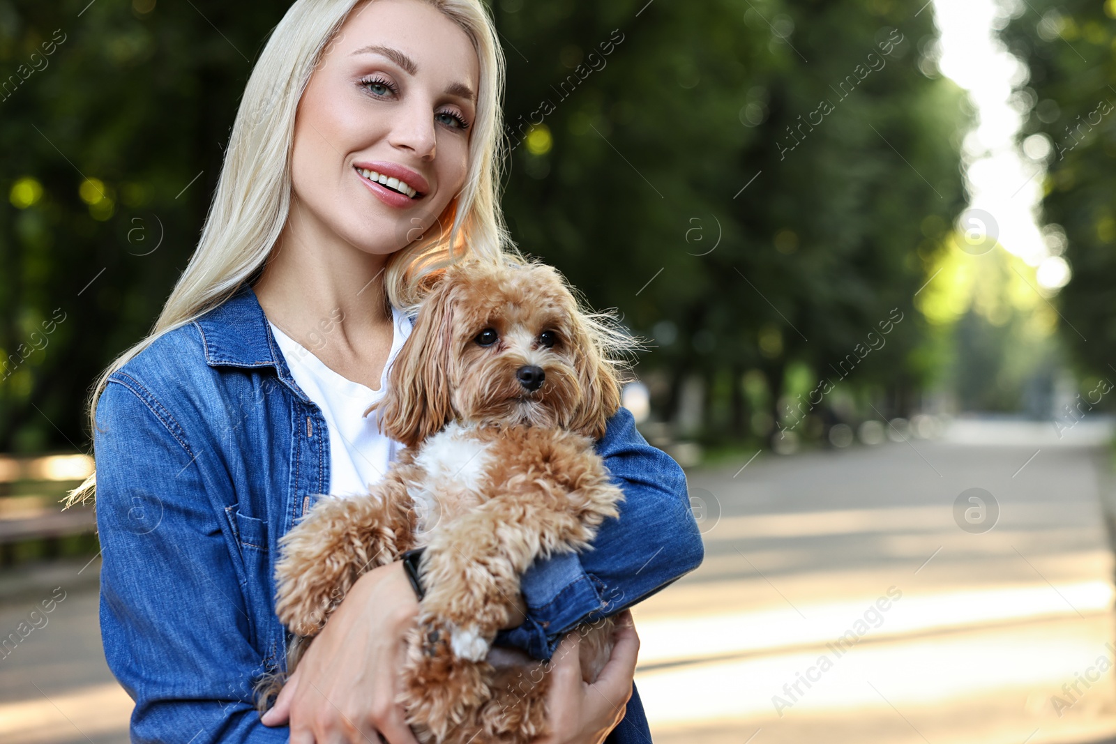 Photo of Beautiful young woman with cute dog in park, space for text