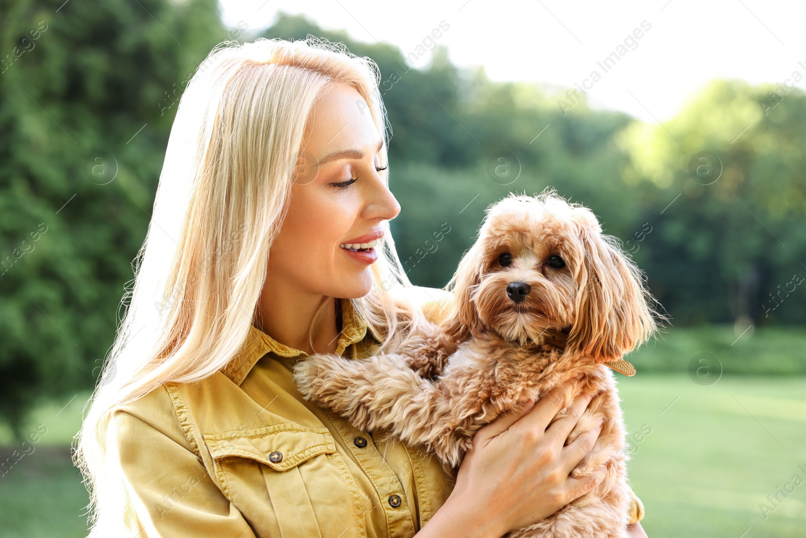 Photo of Beautiful young woman with cute dog in park