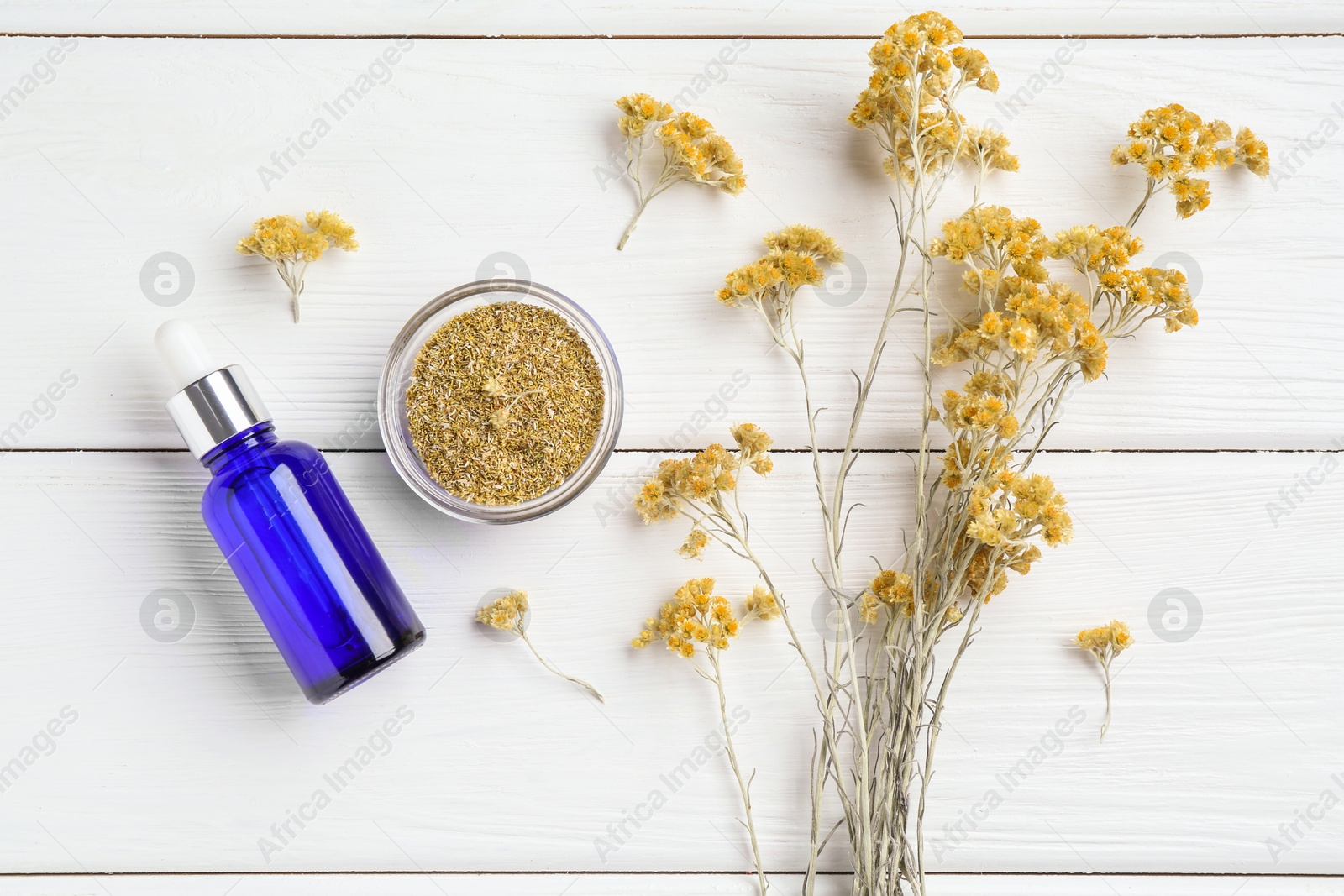 Photo of Bottle of tincture and helichrysum flowers on white wooden table, flat lay