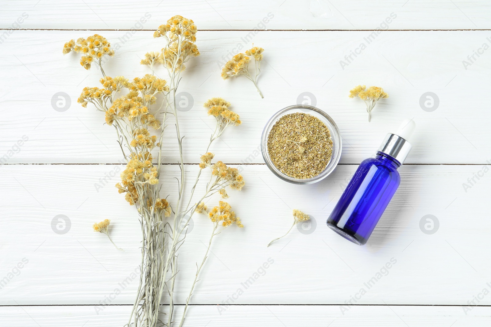 Photo of Bottle of tincture and helichrysum flowers on white wooden table, flat lay