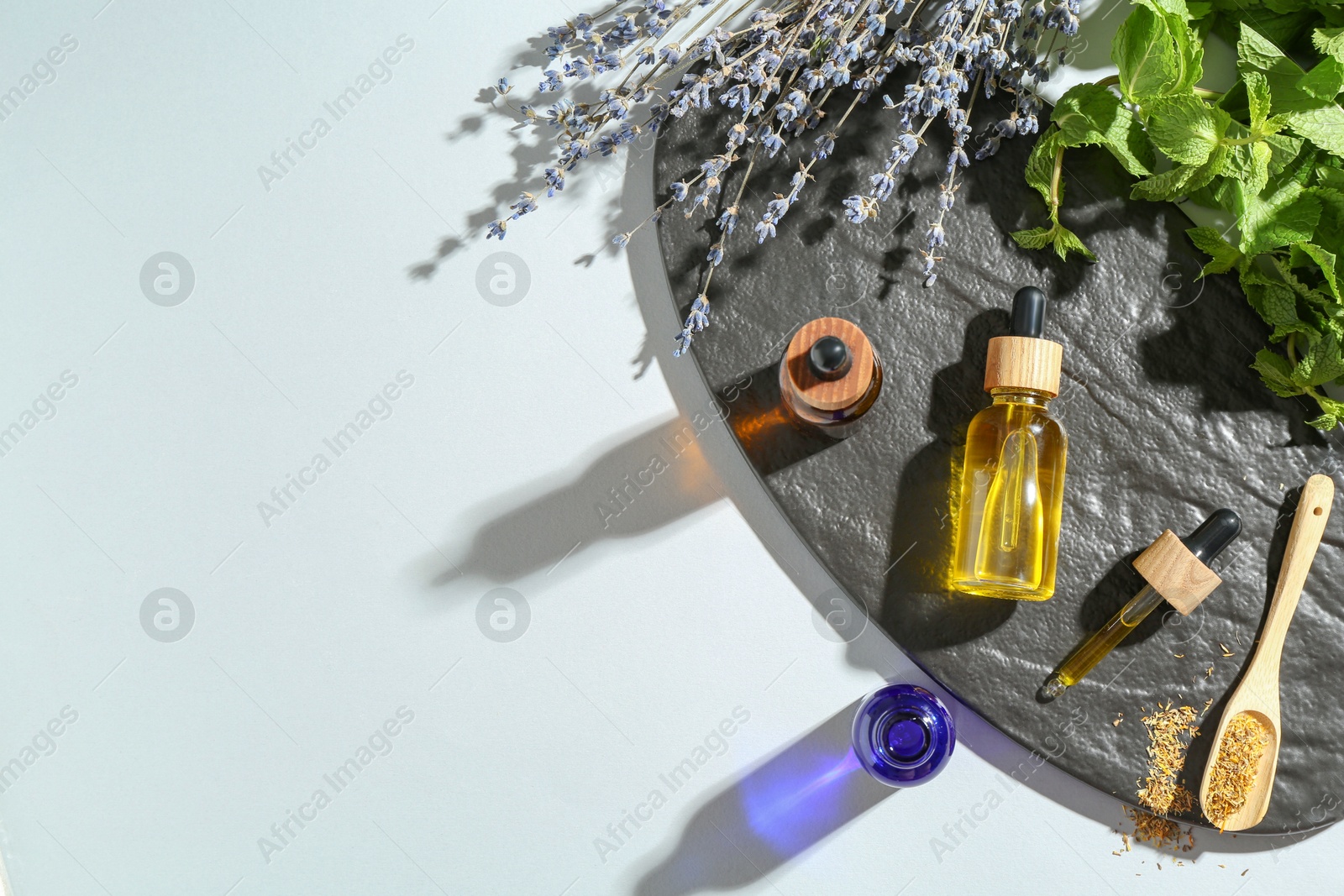 Photo of Tinctures in bottles and medicinal herbs on white table, top view. Space for text