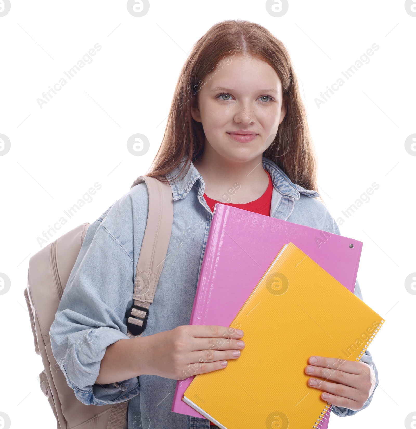 Photo of Teenage girl with backpack and books on white background