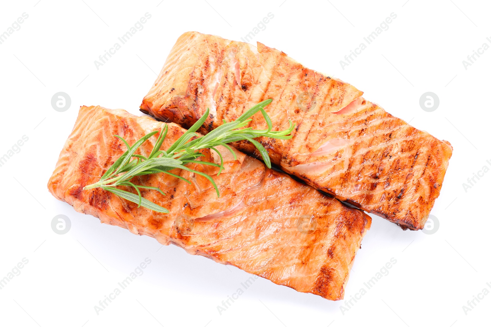 Photo of Delicious grilled salmon fillets with rosemary isolated on white, top view