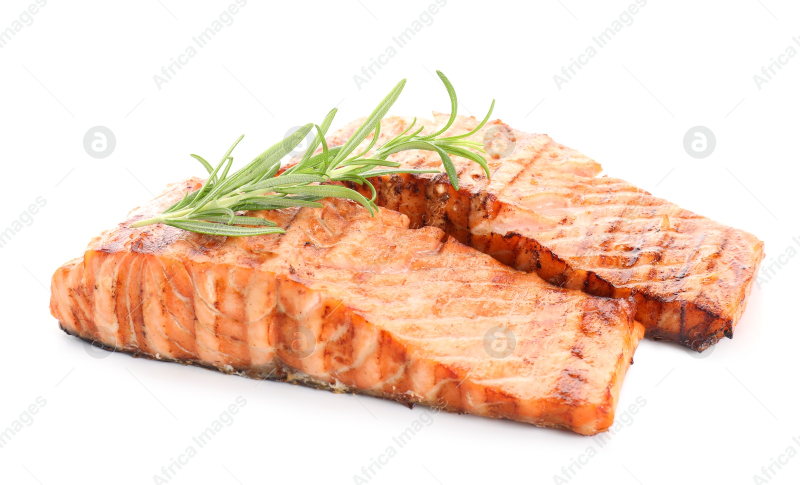 Photo of Delicious grilled salmon fillets with rosemary isolated on white