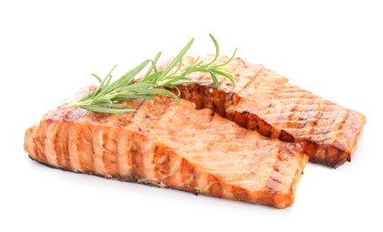 Photo of Delicious grilled salmon fillets with rosemary isolated on white