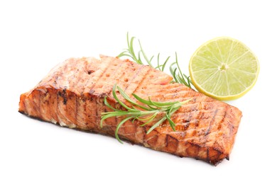 Photo of Delicious grilled salmon fillet with lime and rosemary isolated on white