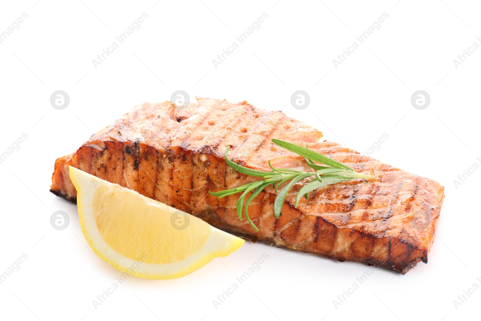 Photo of Delicious grilled salmon fillet with lemon and rosemary isolated on white