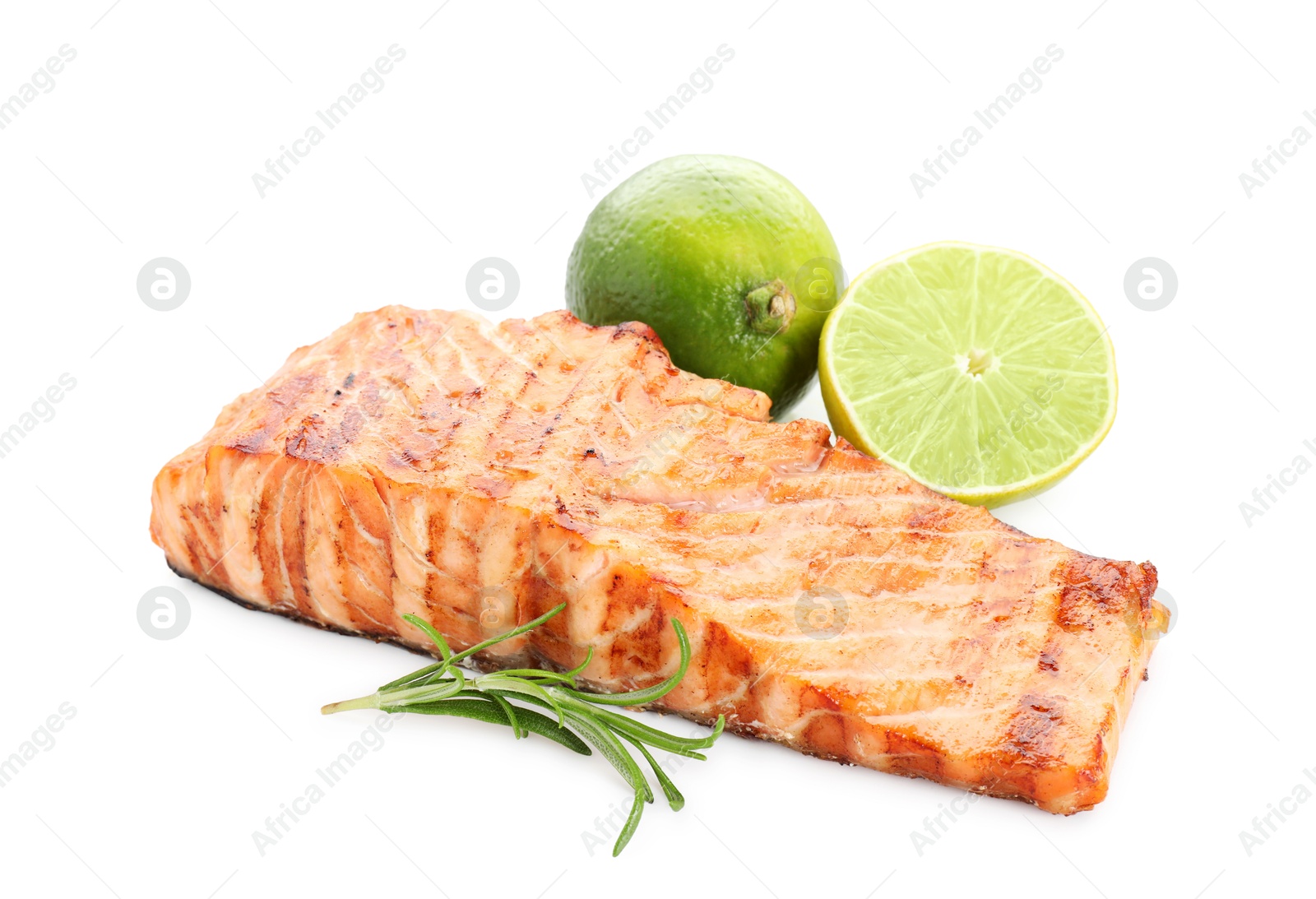 Photo of Delicious grilled salmon fillet with lime isolated on white