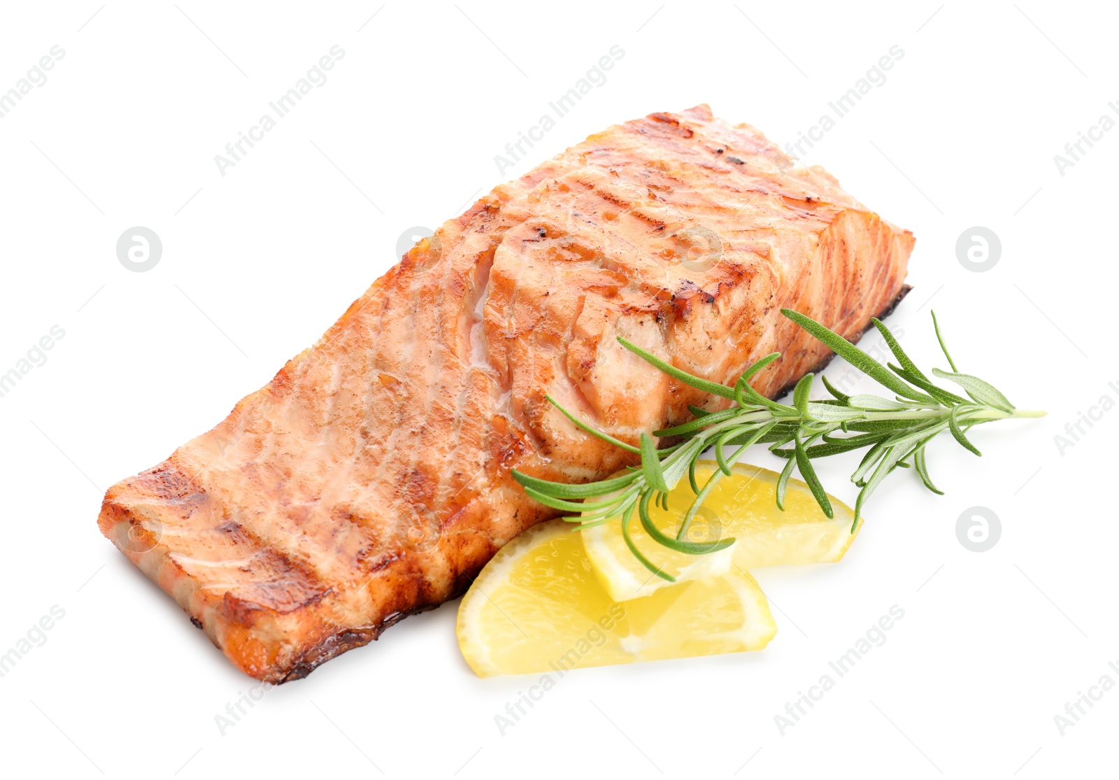 Photo of Delicious grilled salmon fillet with lemon and rosemary isolated on white