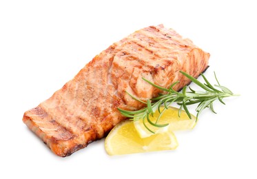 Photo of Delicious grilled salmon fillet with lemon and rosemary isolated on white