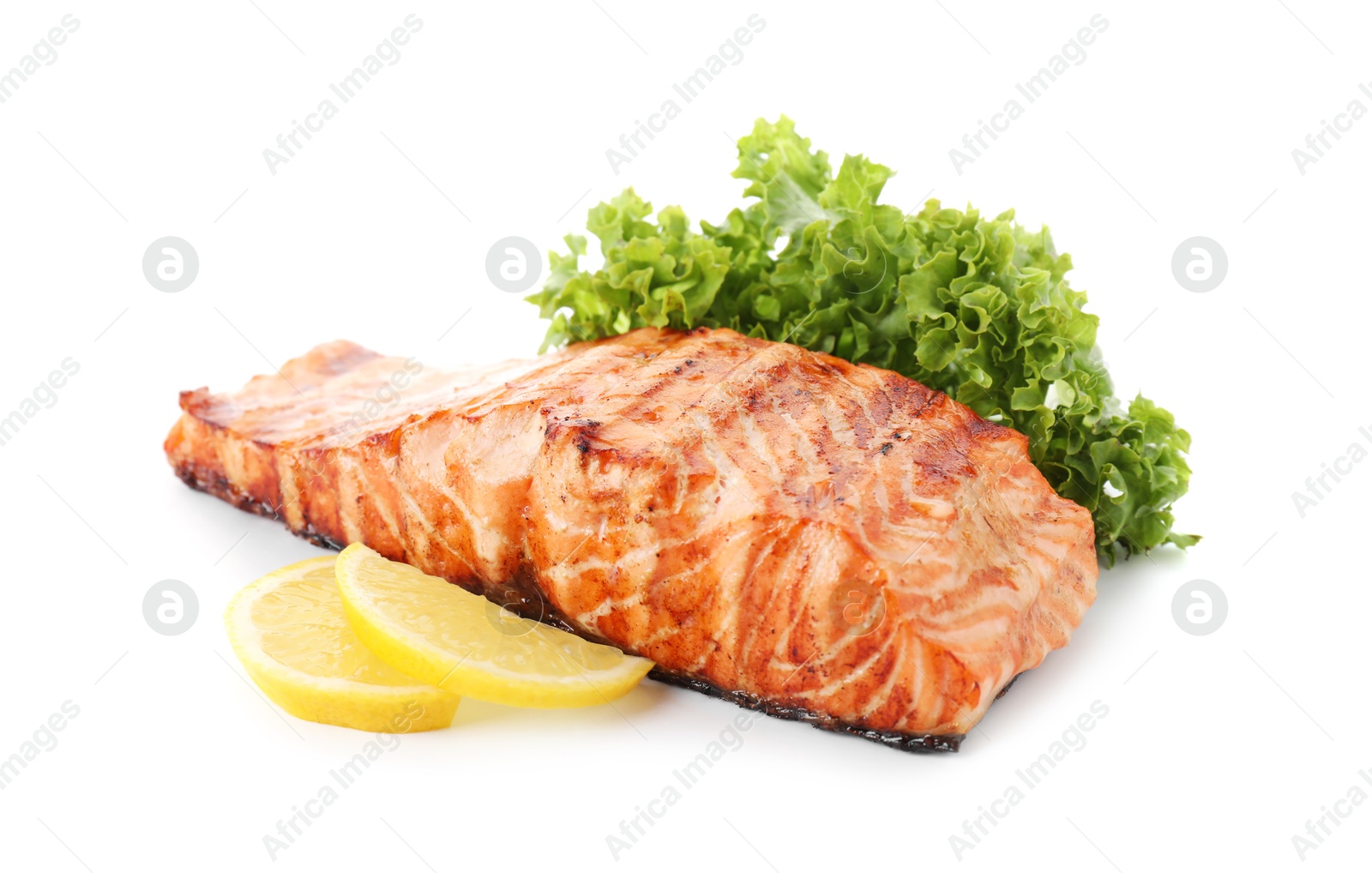 Photo of Delicious grilled salmon fillet with lemon and lettuce isolated on white