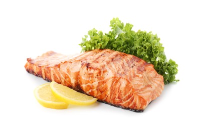 Photo of Delicious grilled salmon fillet with lemon and lettuce isolated on white