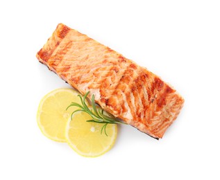 Photo of Delicious grilled salmon fillet with lemon and rosemary isolated on white, top view