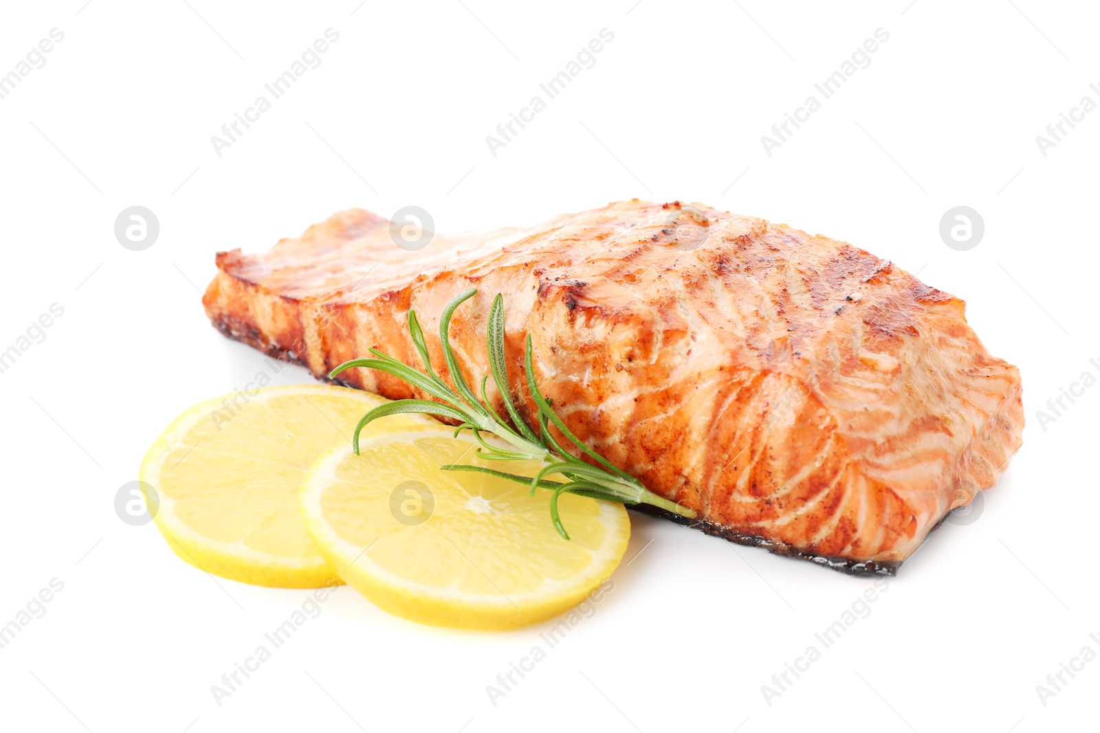 Photo of Delicious grilled salmon fillet with lemon and rosemary isolated on white