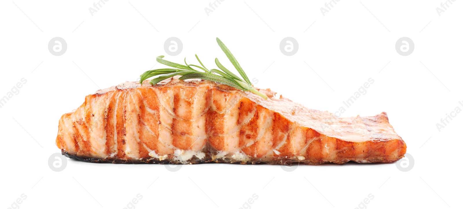 Photo of Delicious grilled salmon fillet with rosemary isolated on white