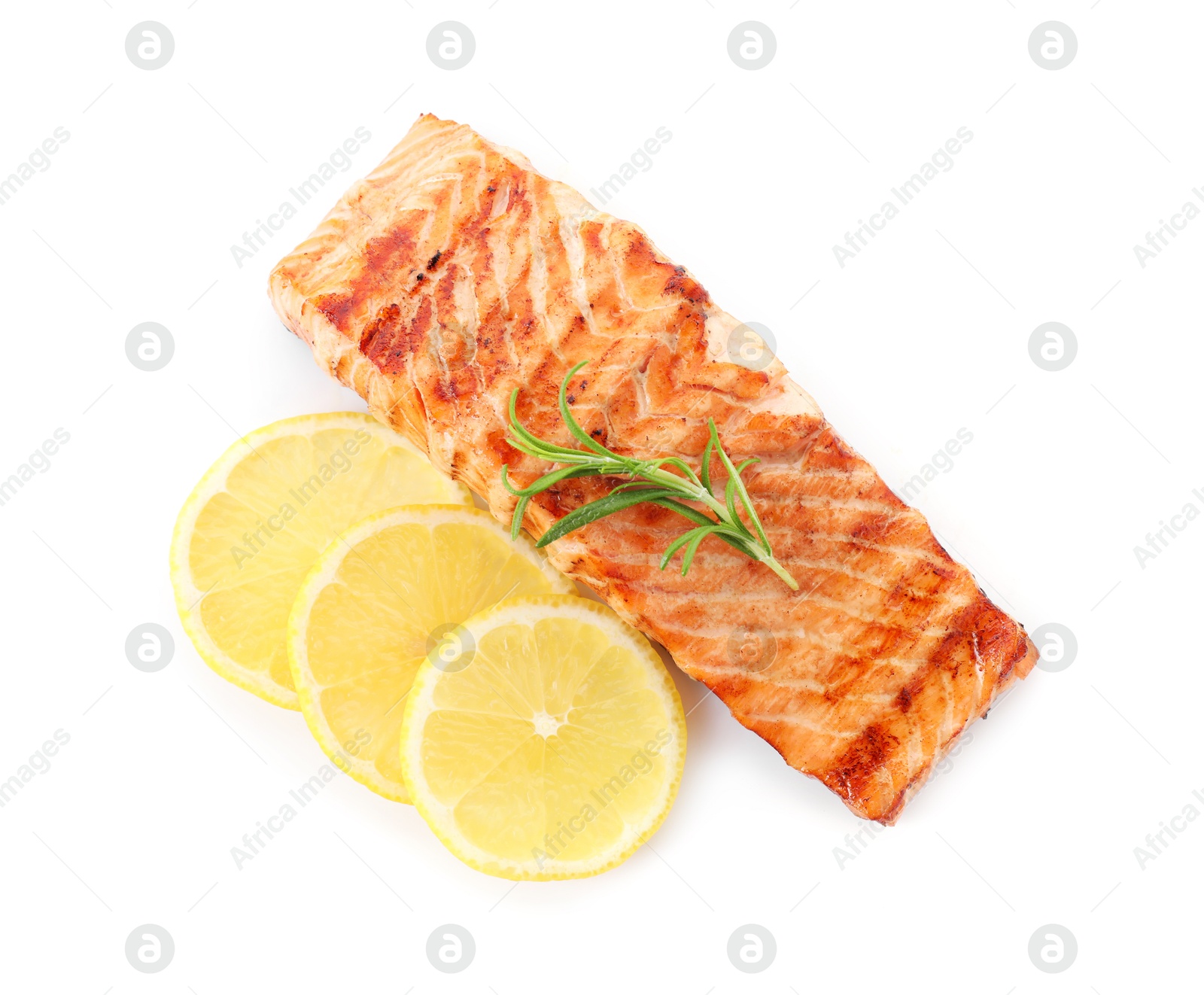 Photo of Delicious grilled salmon fillet with lemon and rosemary isolated on white, top view