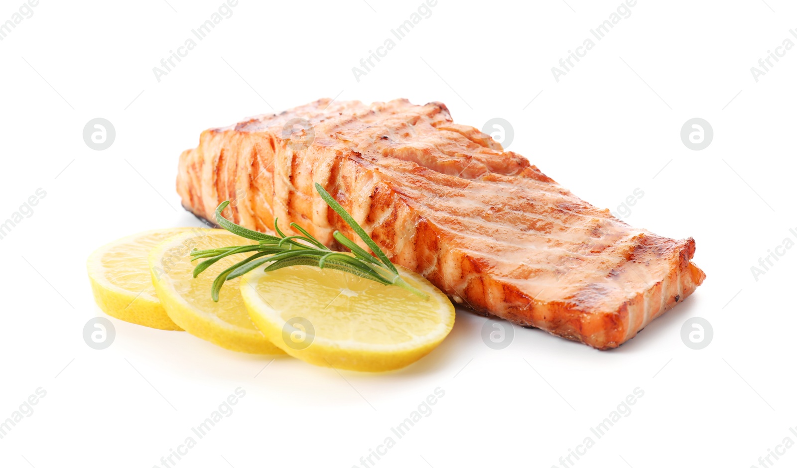 Photo of Delicious grilled salmon fillet with lemon and rosemary isolated on white