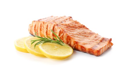 Photo of Delicious grilled salmon fillet with lemon and rosemary isolated on white