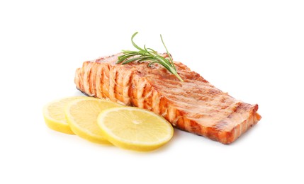 Photo of Delicious grilled salmon fillet with lemon and rosemary isolated on white