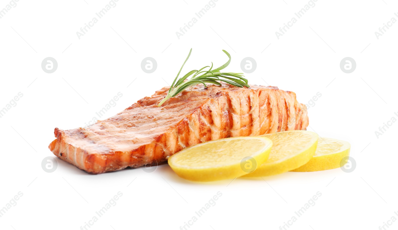 Photo of Delicious grilled salmon fillet with lemon and rosemary isolated on white