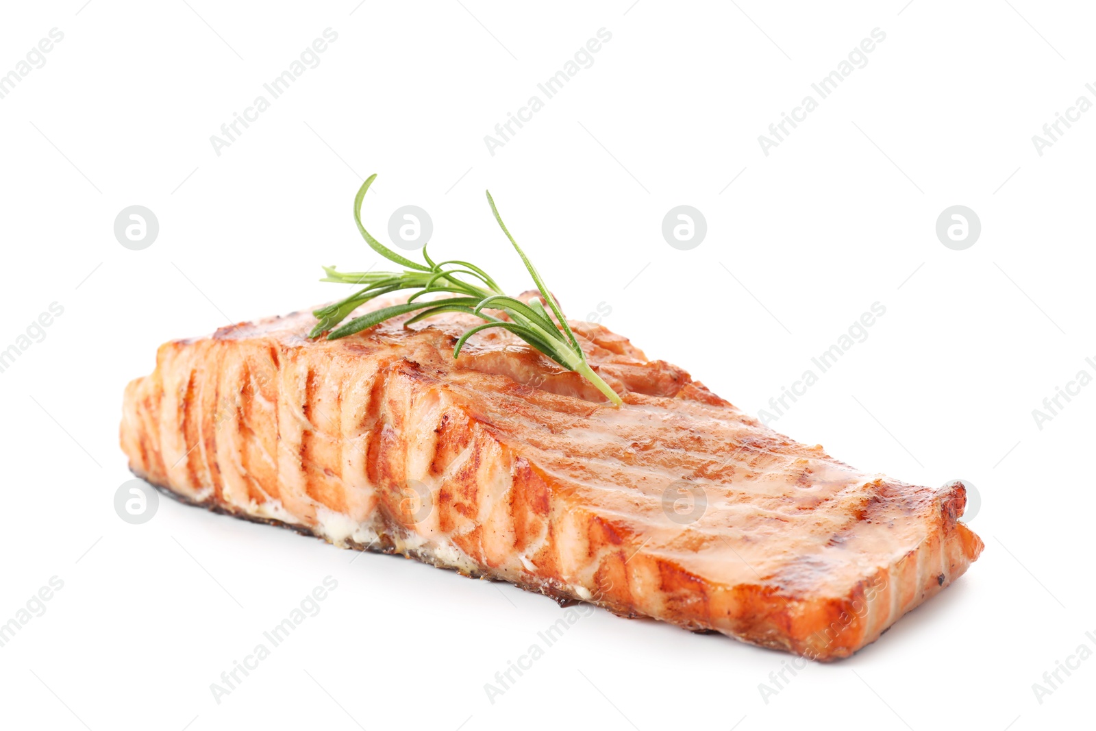 Photo of Delicious grilled salmon fillet with rosemary isolated on white