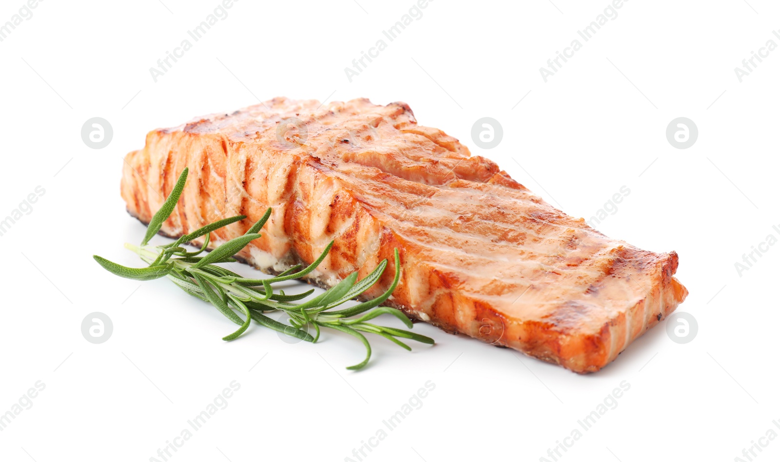 Photo of Delicious grilled salmon fillet with rosemary isolated on white