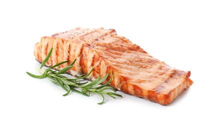 Photo of Delicious grilled salmon fillet with rosemary isolated on white