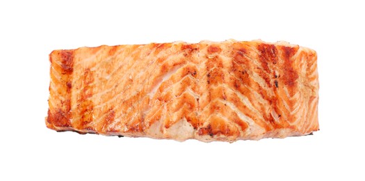 Delicious grilled salmon fillet isolated on white, top view