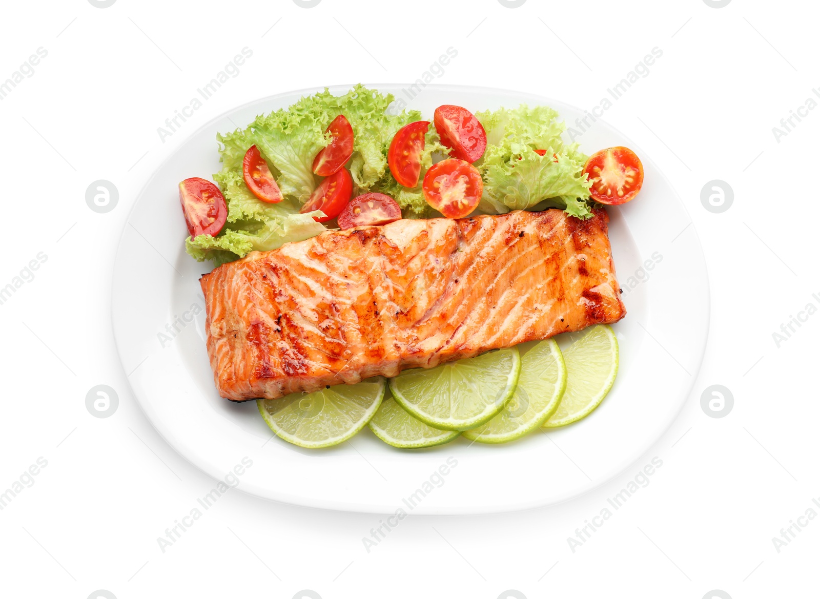 Photo of Delicious grilled salmon fillet with vegetable salad and lime isolated on white, top view