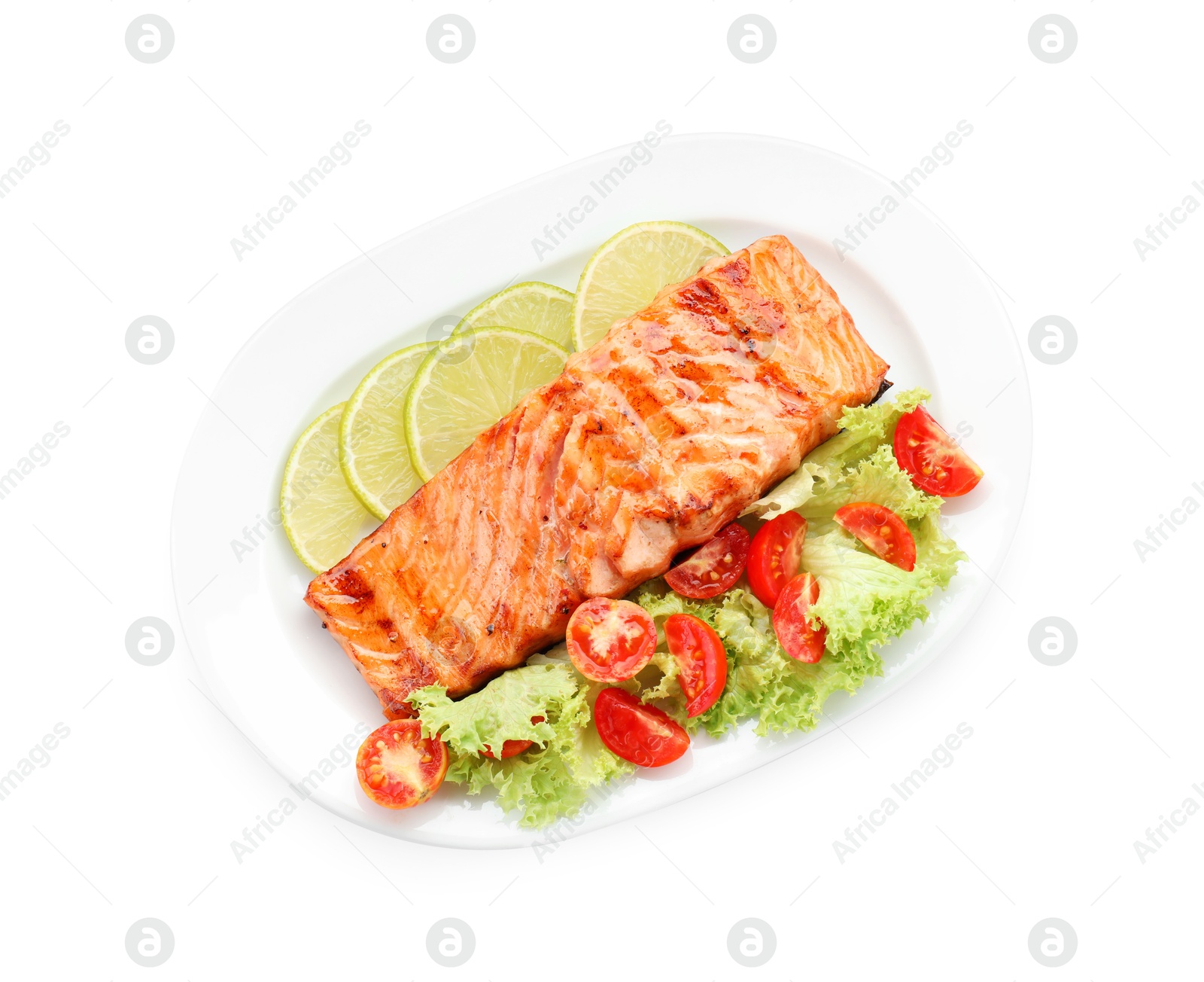 Photo of Delicious grilled salmon fillet with vegetable salad and lime isolated on white, top view