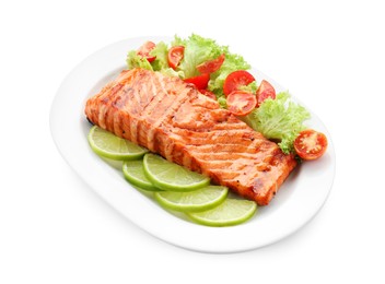 Photo of Delicious grilled salmon fillet with vegetable salad and lime isolated on white