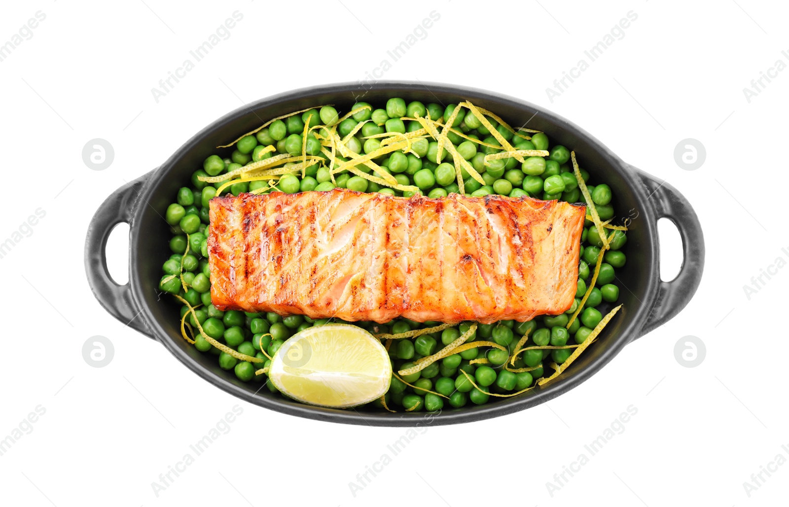 Photo of Delicious grilled salmon fillet with lime and green peas in baking dish isolated on white, top view