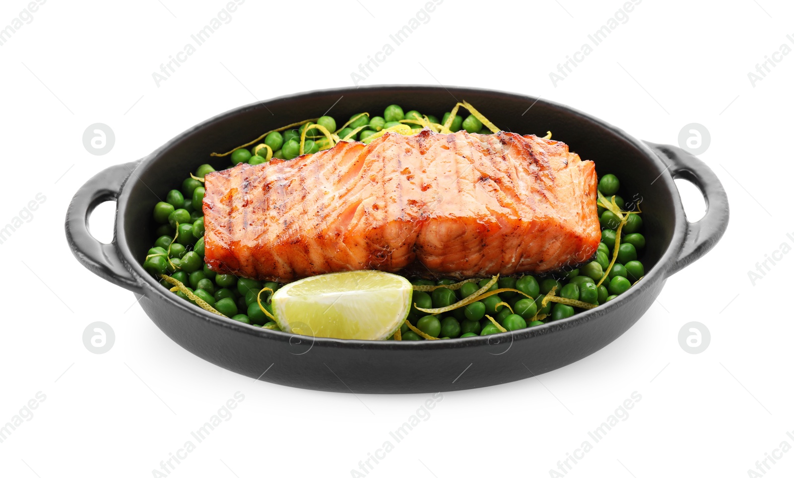 Photo of Delicious grilled salmon fillet with lime and green peas in baking dish isolated on white