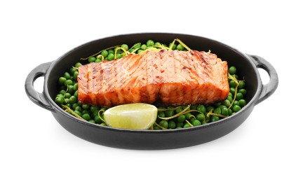 Photo of Delicious grilled salmon fillet with lime and green peas in baking dish isolated on white