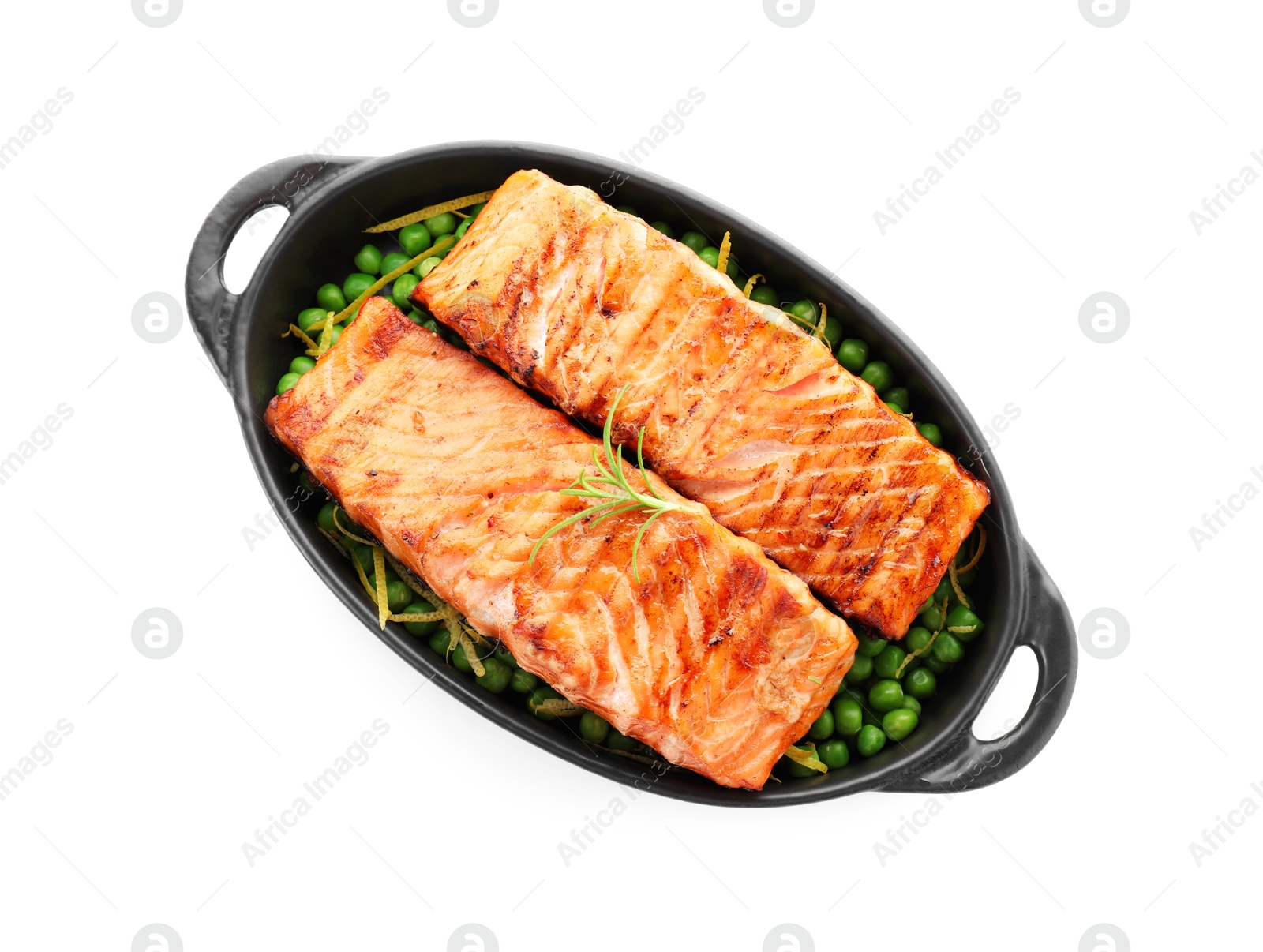 Photo of Delicious grilled salmon fillets with rosemary and green peas in baking dish isolated on white, top view