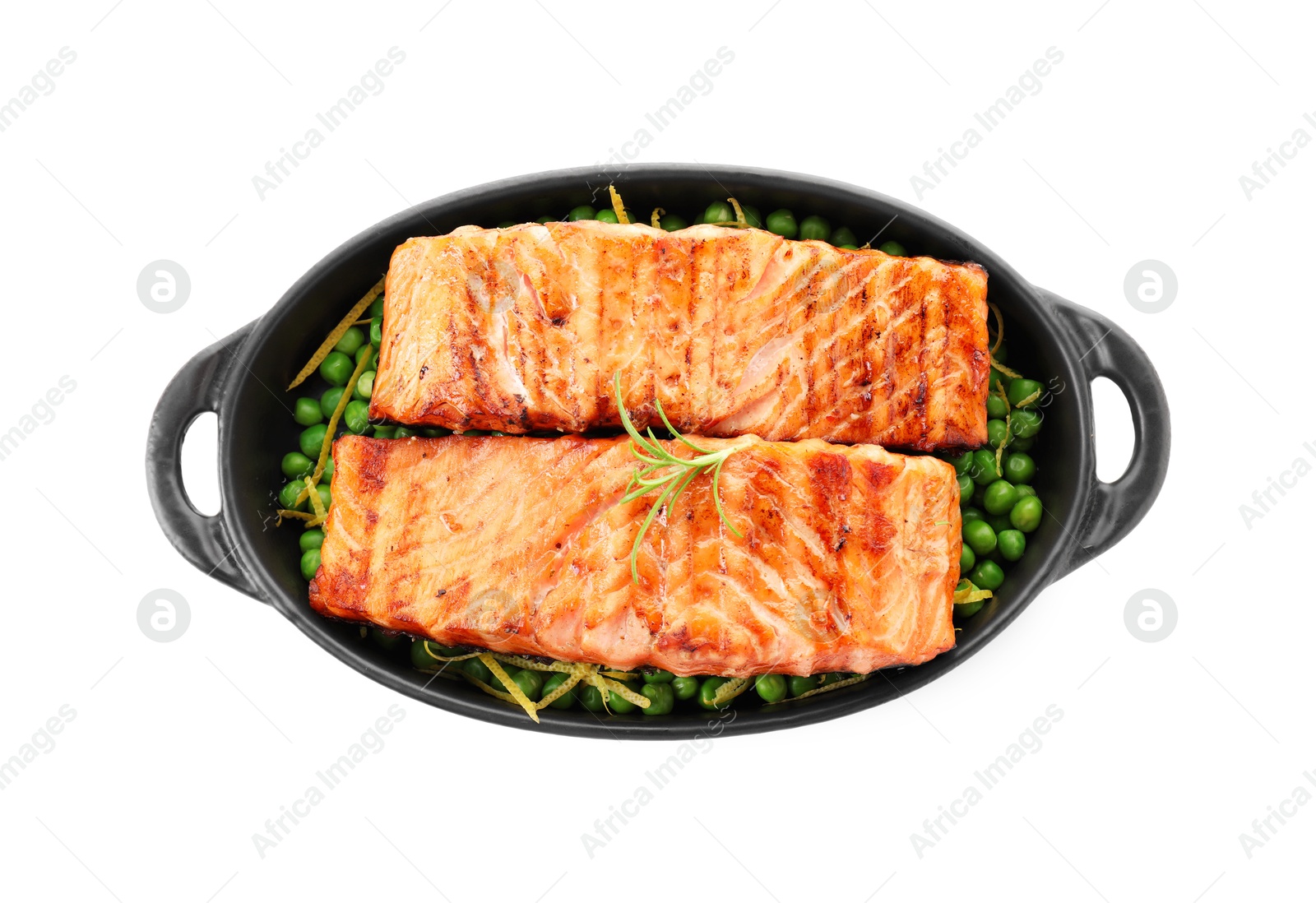 Photo of Delicious grilled salmon fillets with rosemary and green peas in baking dish isolated on white, top view