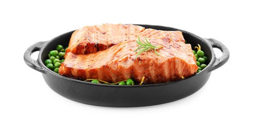 Photo of Delicious grilled salmon fillets with rosemary and green peas in baking dish isolated on white