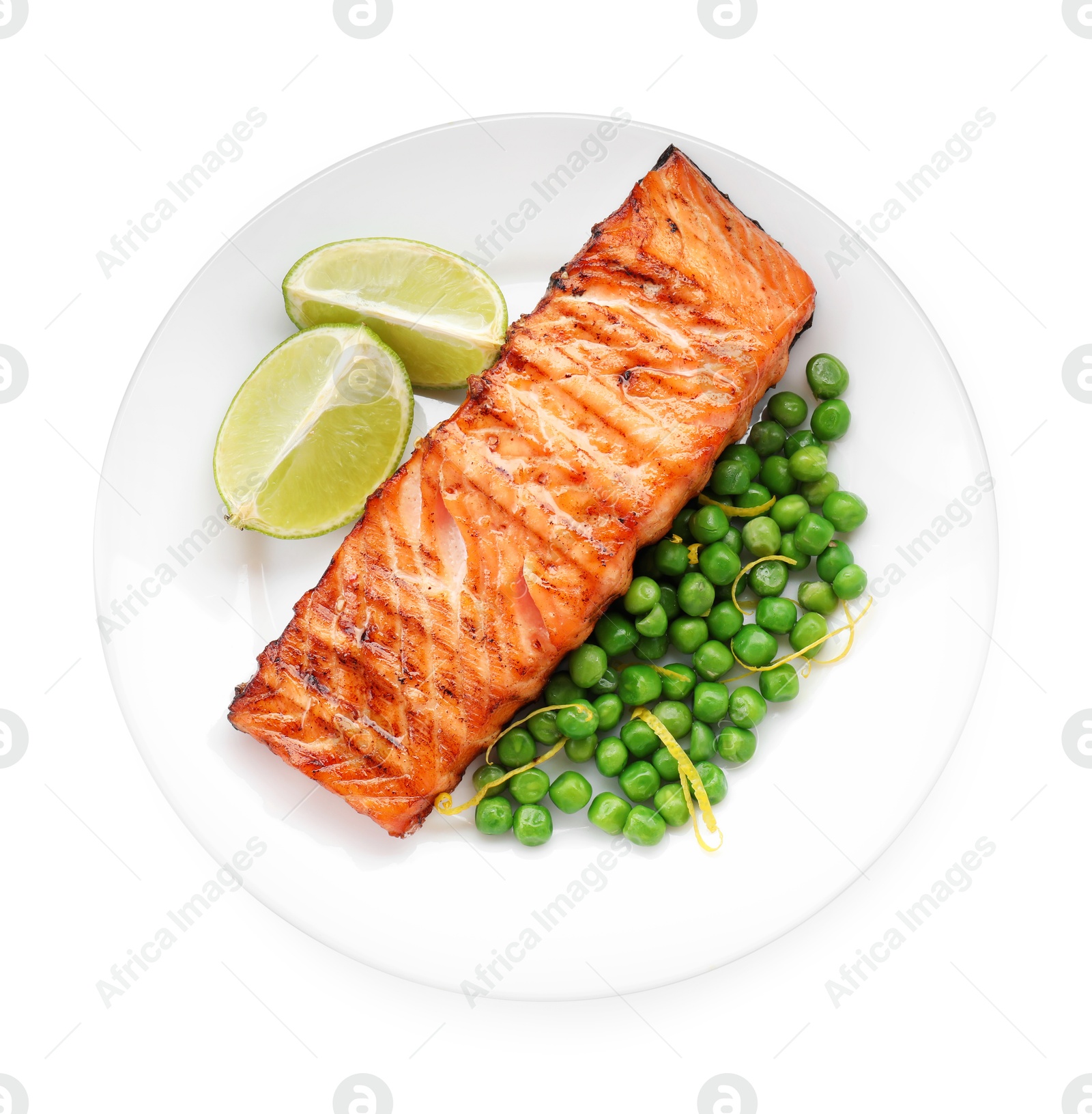 Photo of Delicious grilled salmon fillet with green peas and lime isolated on white, top view