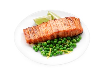 Photo of Delicious grilled salmon fillet with green peas and lime isolated on white