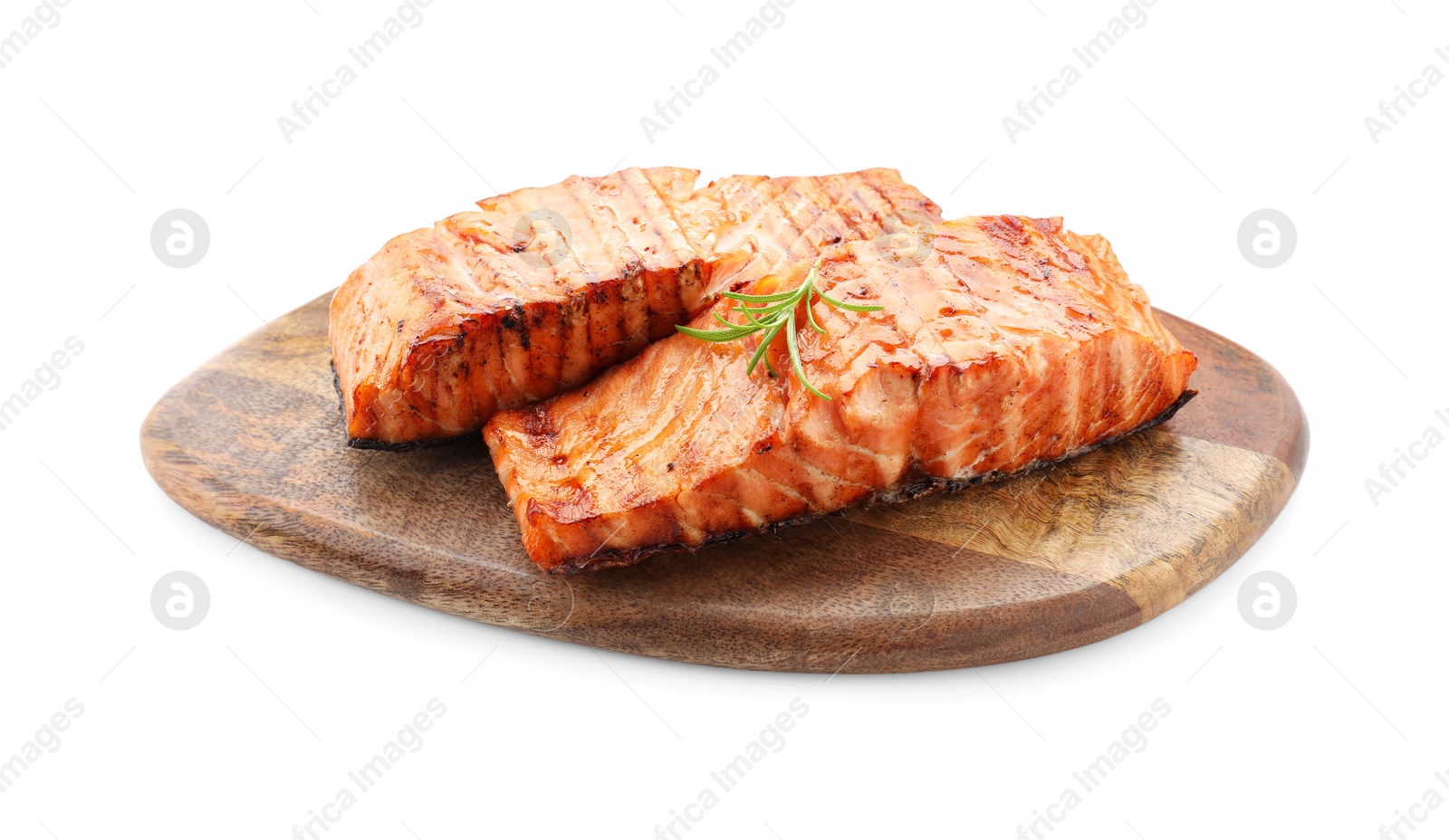 Photo of Delicious grilled salmon fillets with rosemary isolated on white