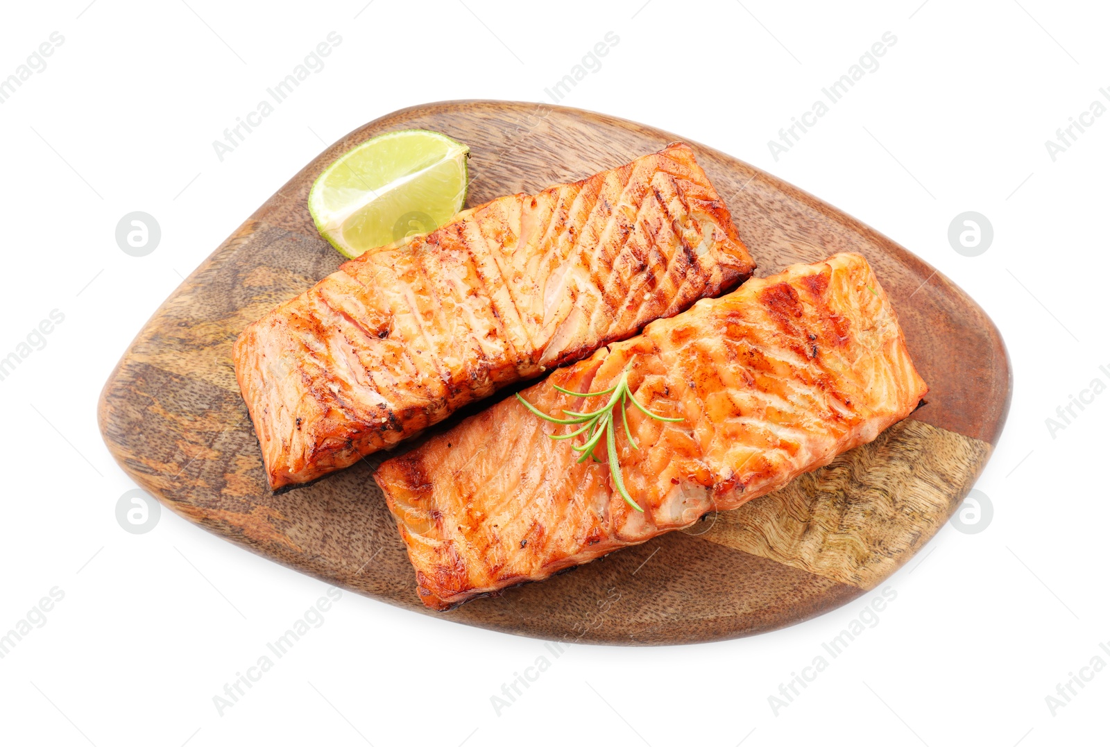 Photo of Delicious grilled salmon fillets with rosemary and lime isolated on white, top view