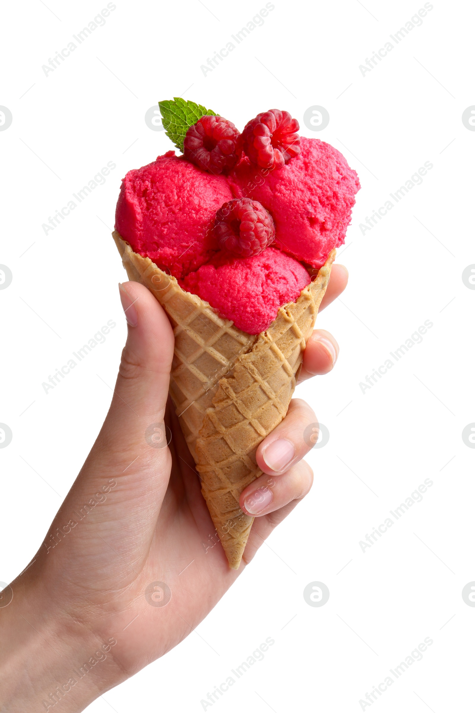 Photo of Woman holding wafer cone with delicious raspberry sorbet on white background, closeup