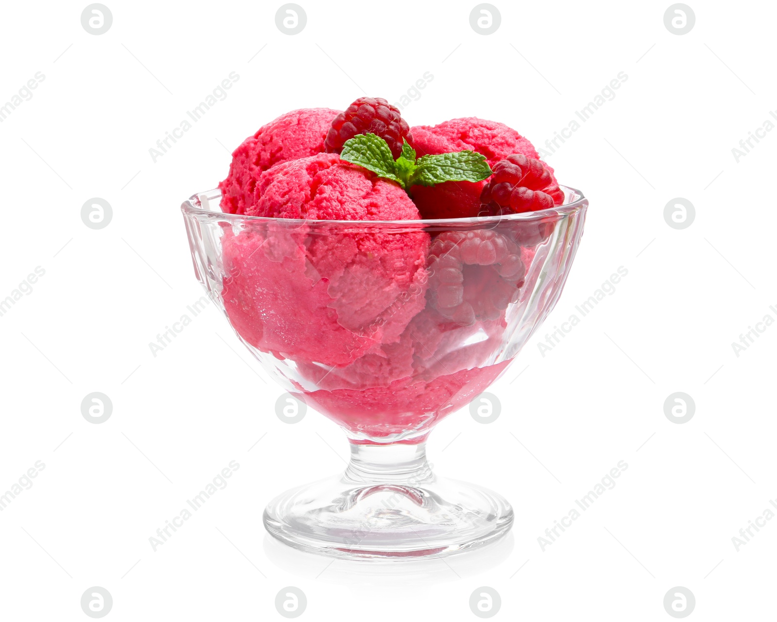 Photo of Delicious raspberry sorbet, mint and fresh berries isolated on white