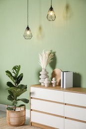 Photo of Different decorative elements on chest of drawers and houseplant near green wall indoors