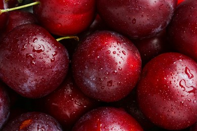 Photo of Many fresh plums with water drops as background, top view